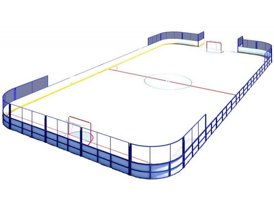 Хоккейный корт обшитый стеклопластиковыми листами, сетка рабица за воротами